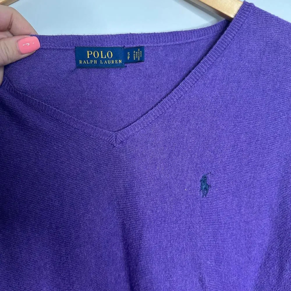 Polo‎ Ralph Lauren V-Neck Sweater Women Small Purple EUC Cotton Blend Pony Logo